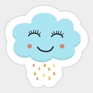 Happy blushing blue cloud with rainbow raindrops kawaii Sticker